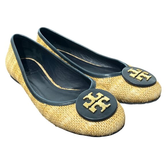 Tory Burch Reva Navy & Raffia Straw Woven Flats Logo Womens Size 7.5 - Picture 1 of 9